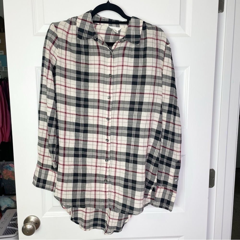 New Caslon Nordstrom Plaid Button Front Oversized Tunic Top Women’s Size S Ivory